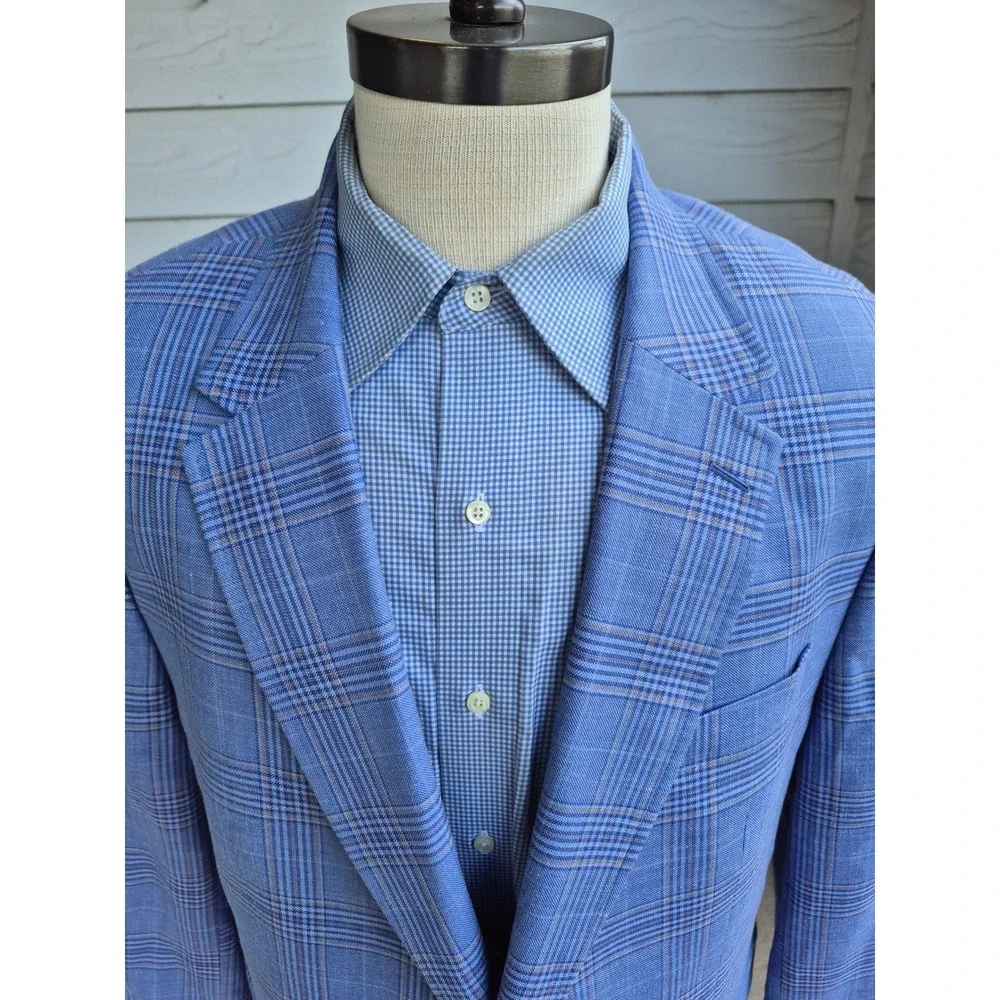 UNTUCKit Vasquez Blue Plaid Wool Silk Linen Sport Coat Blazer 48R Reda‎ Fabric